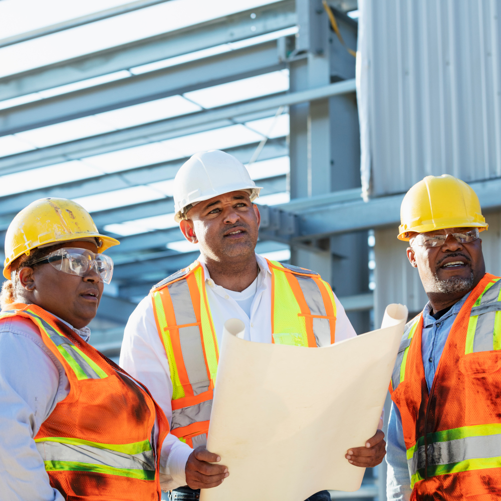 Three construction workers look at plans